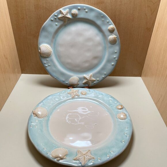 2 Sonoma Life & Style 1 Seaside Aqua 10.5’’ Round Dinner Plate Shells Beach - Picture 1 of 7